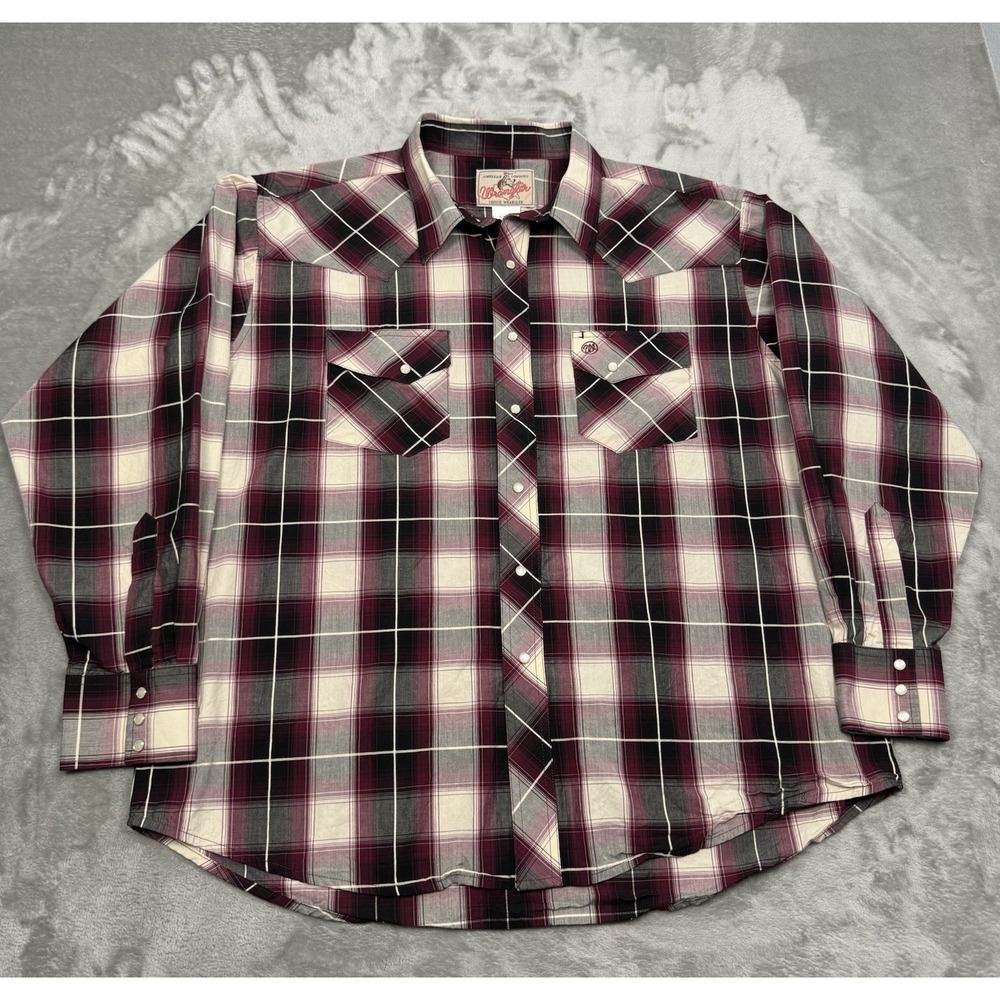 Vintage Wrangler Pearl Snap Shirt Mens XL Red Burgundy Plaid Western Cowboy 90s